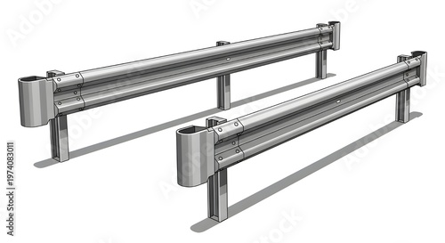 Two Silver Metal Road Guardrails with Shadow on White Background