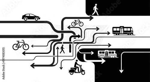Complex Transportation Network with Various Modes of Transport and Pedestrians.