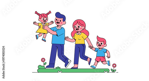Happy Family Walking Together Out in Nature with Two Children, A Boy and A Girl