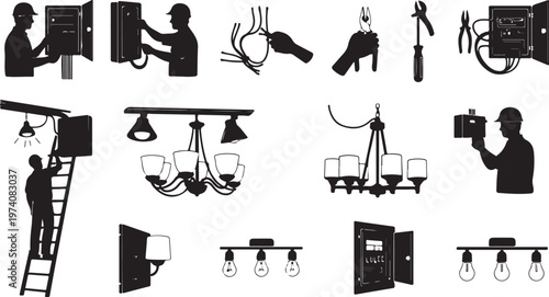Silhouette icons of people installing lighting equipment and fixtures