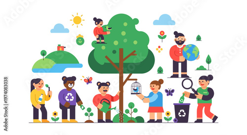 Environmental conservation concept with diverse people planting trees, recycling waste, and caring for nature, promoting sustainability and ecological awareness