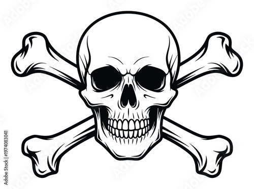 A bold black and white skull with crossed bones represents danger and rebellion, perfect for graphic design, apparel, party decorations, or piratethemed branding.