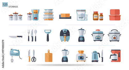 Collection of kitchen storage containers and appliances isolated on white background