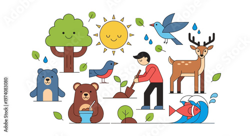 Illustrations of Nature and Wildlife depicting animals, a person planting, and elements of the ecosystem