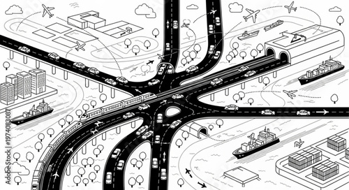Complex Urban Highway Interchange with Heavy Traffic Flow.