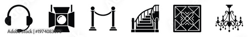 Collection of entertainment and luxury venue icons including headset, spotlight, rope barrier, elegant staircase, decorative panel, and ornate chandelier for event planning and hospitality
