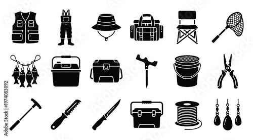 Comprehensive collection of essential fishing equipment icons including apparel, tackle boxes, tools, and accessories, useful for outdoor activity guides or sports shop promotions