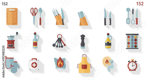 Collection of kitchen tools and accessories icons isolated on white background