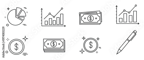 Line icons representing financial growth, market analysis, money management, and planning instruments ideal for business presentations, economic dashboards, and banking services.