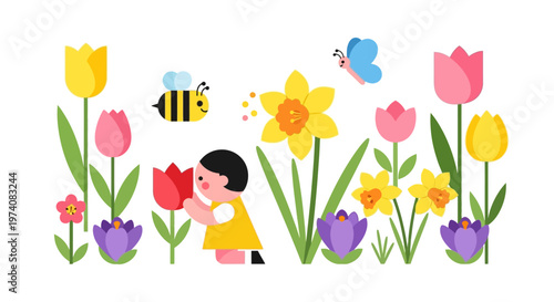 Springtime joy A child's delight amidst a garden bursting with tulips, daffodils, and buzzing bees