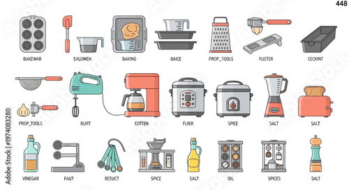 Collection of kitchen tools and appliances illustrated in colorful style