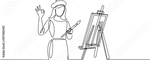 female painter stands with gesture okay using hat and painting tools to produce artwork in his workshop studio. one line art icon drawing vector
