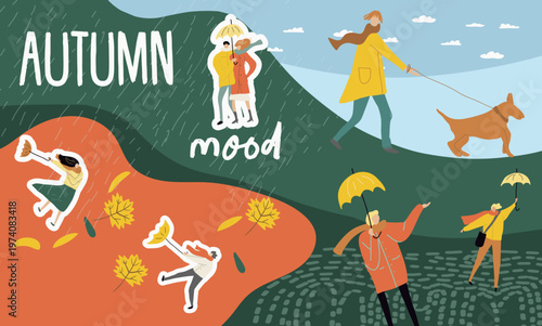 Collage People with umbrellas in the rain. Autumn mood. Horizontal banner, hand drawn vector illustration.