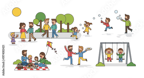 Joyful family moments outdoors diverse groups share laughter, play in parks, enjoy picnics, and swing fun in vibrant, sunny settings