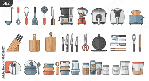 Collection of kitchen tools and appliances in a flat colorful illustration