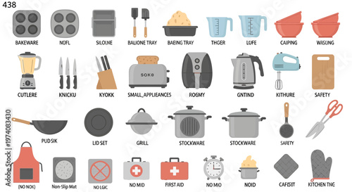 Collection of kitchen tools and appliances in flat vector style