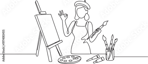 female painter stands with gesture okay using hat and painting tools to produce artwork in his workshop studio. one line art icon drawing vector
