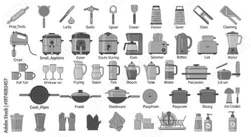 Collection of kitchen tools and appliances in grayscale vector illustration