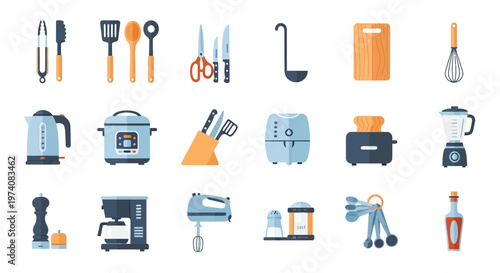 Collection of kitchen tools and appliances in flat vector style