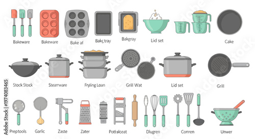 Collection of kitchen tools and bakeware utensils illustrations vector design