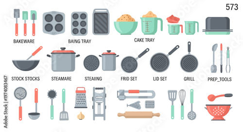 Collection of kitchen tools and baking equipment in flat vector style