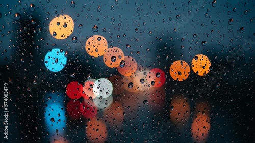 Raindrops on a window pane with blurred city lights in the background during twilight