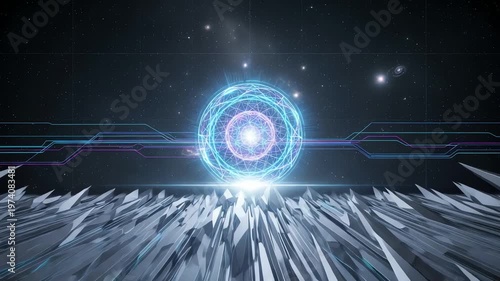 Futuristic digital landscape featuring a glowing energy sphere above sharp crystalline formations