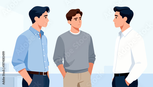 Three men converse in a bright, modern office. They stand close, facing each other in casual business attire. One man smiles gently, suggesting friendly discussion. The others listen attentively