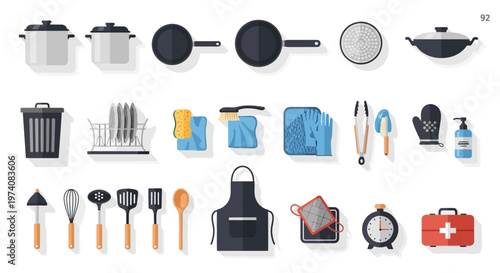 Collection of kitchen tools and equipment illustrations on white background