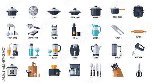 Collection of kitchen tools and cookware isolated on white background