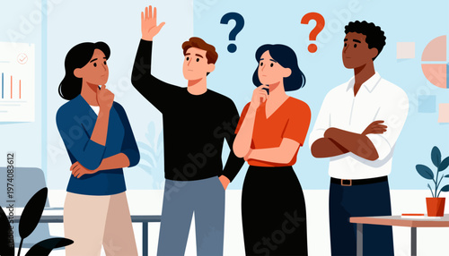 Four people stand in a bright office space. One man raises his hand, eager to speak or answer. Two women and one man appear thoughtful or curious. Question marks float above their heads