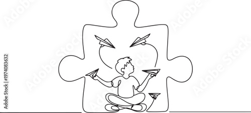 boy playing with airplanes in the middle of a large puzzle piece. Complexity of mind content. one line art icon drawing vector
