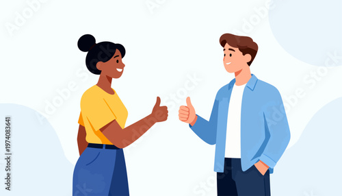 Two people smile and give thumbs up. They stand close, facing each other. Their gestures show agreement or approval. The scene feels light, positive, and friendly. Use for business, team