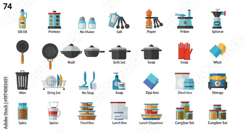 Collection of kitchen tools and food containers isolated on a white background