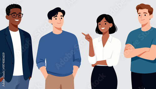 Four diverse professionals stand together, smiling warmly. One gestures thoughtfully, suggesting collaboration or idea sharing. Others exude confidence, suggesting teamwork and mutual respect