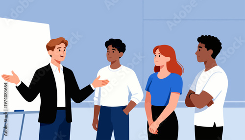 Man gestures while speaking to three attentive listeners. Group stands in a modern meeting room setting. People show focused, engaged expressions during discussion