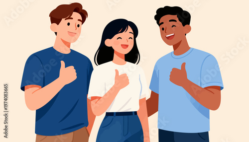 Three friends smile, giving thumbs-up gestures. Their joyful expressions convey approval and camaraderie. Perfect for themes of teamwork, positivity, and encouragement. Ideal for social media