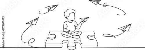 boy playing with airplanes in the middle of a large puzzle piece. Complexity of mind content. one line art icon drawing vector