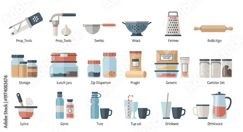 Collection of kitchen tools and food containers illustrations for design
