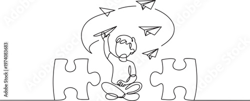 boy playing with airplanes in the middle of a large puzzle piece. Complexity of mind content. one line art icon drawing vector