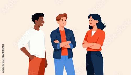 Three people stand together, chatting warmly. One smiles, hands in pockets, relaxed posture. Another crosses arms, listening attentively. The third leans in, engaged in conversation