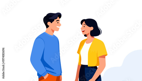 Two people smile warmly at each other. One wears blue, the other yellow. They stand close, facing each other. Their expressions show mutual affection. Perfect for romantic or friendly themes