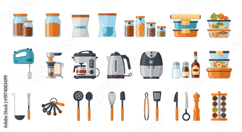 Collection of kitchen tools and food storage containers on white background