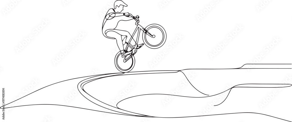 Naklejka premium Single continuous line drawing teenager BMX racing rider performs tricks in skate park on pump track. Extreme sport, dynamic, hobby, freestyle. one line art icon drawing vector