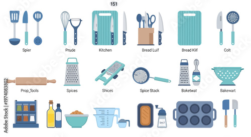 Collection of kitchen tools and utensils arranged on a white background