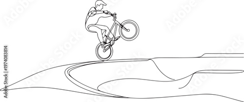 Single continuous line drawing teenager BMX racing rider performs tricks in skate park on pump track. Extreme sport, dynamic, hobby, freestyle. one line art icon drawing vector