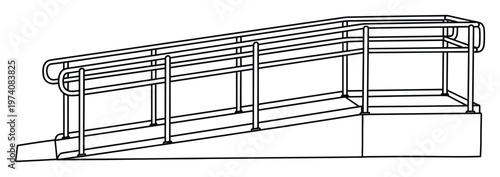 Black line drawing of an accessibility ramp with handrails for wheelchair users, providing safe and inclusive access, perfect for architectural diagrams or educational resources