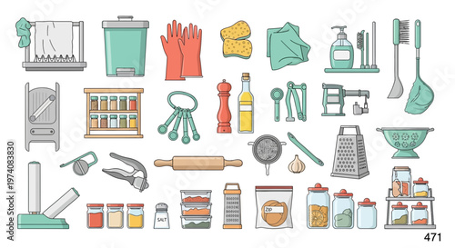 Collection of kitchen tools and supplies isolated on a white background