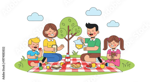Family enjoying a delightful picnic outdoors on a sunny day surrounded by nature