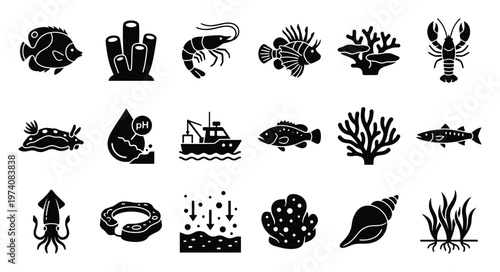 Explore a comprehensive collection of diverse marine life and aquatic environment glyphs, perfect for ocean conservation projects, seafood menus, ecological studies, and underwater habitat